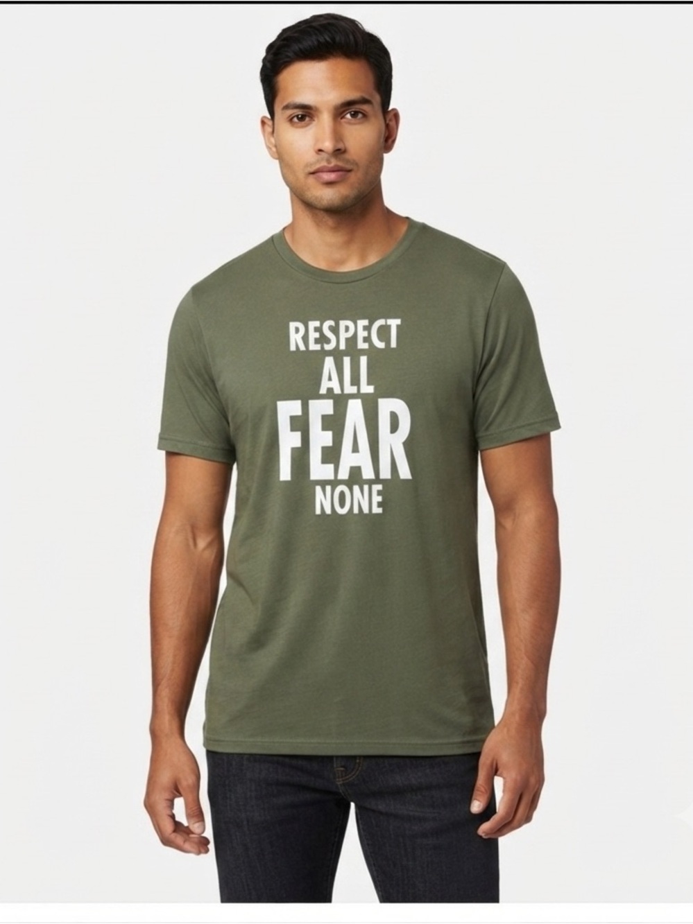 Gildan Performance Olive Green Graphic T-Shirt “RESPECT ALL FEAR NONE”